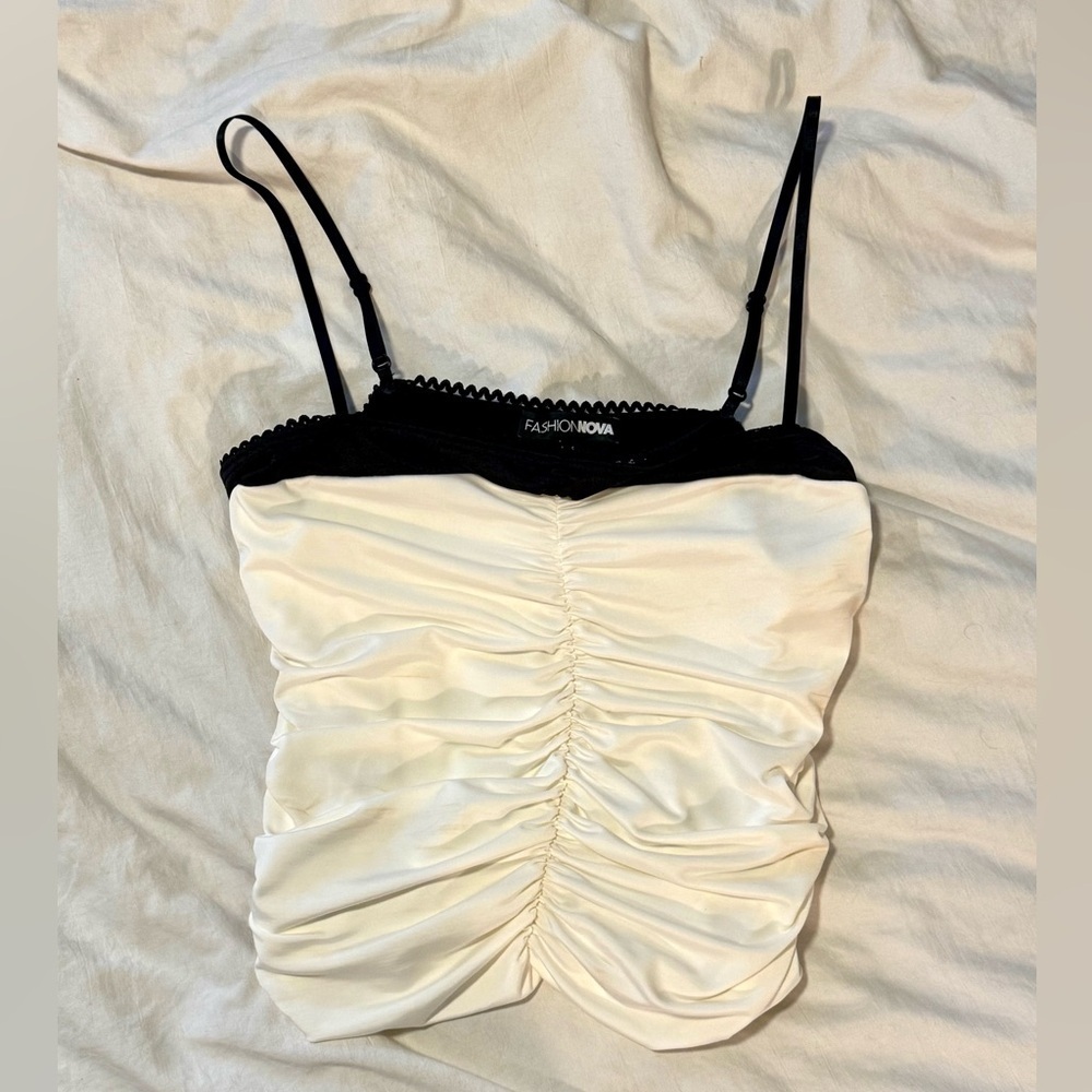 Spaghetti Strap Camisole w/ Lace Trim | FN Love Galore Ruched Tank Top White/Blk